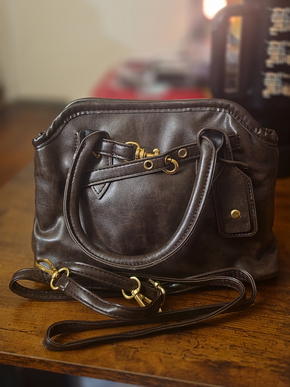 Chocolate Leather Mini Satchel with Gold Hardware